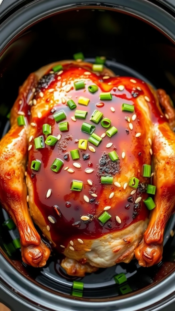 Teriyaki glazed whole chicken garnished with green onions and sesame seeds