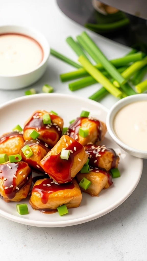 Teriyaki Chicken Bites on a white plate, garnished with green onions and sesame seeds, served with dipping sauces.