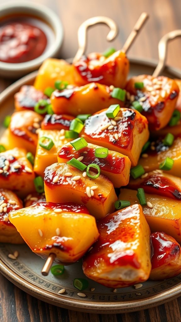 Delicious teriyaki chicken and pineapple skewers garnished with green onions and sesame seeds.
