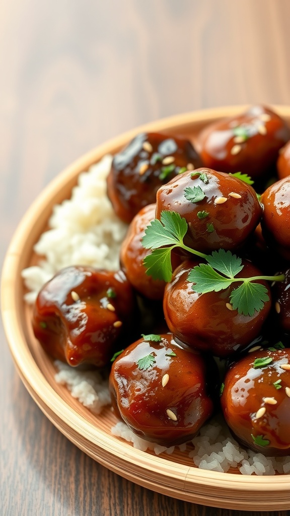 A plate of teriyaki chicken meatballs served with rice and garnished with sesame seeds and cilantro.