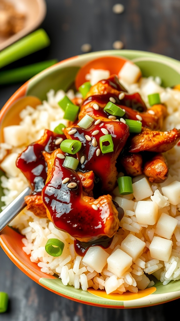 Teriyaki Chicken Rice Bowl with vegetables and garnishes