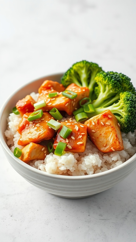 A bowl of teriyaki chicken rice topped with broccoli and green onions.