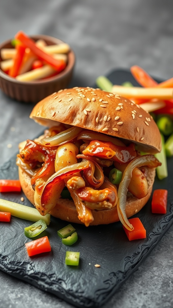 Delicious teriyaki chicken sandwich with grilled chicken and vegetables on a sesame seed bun.