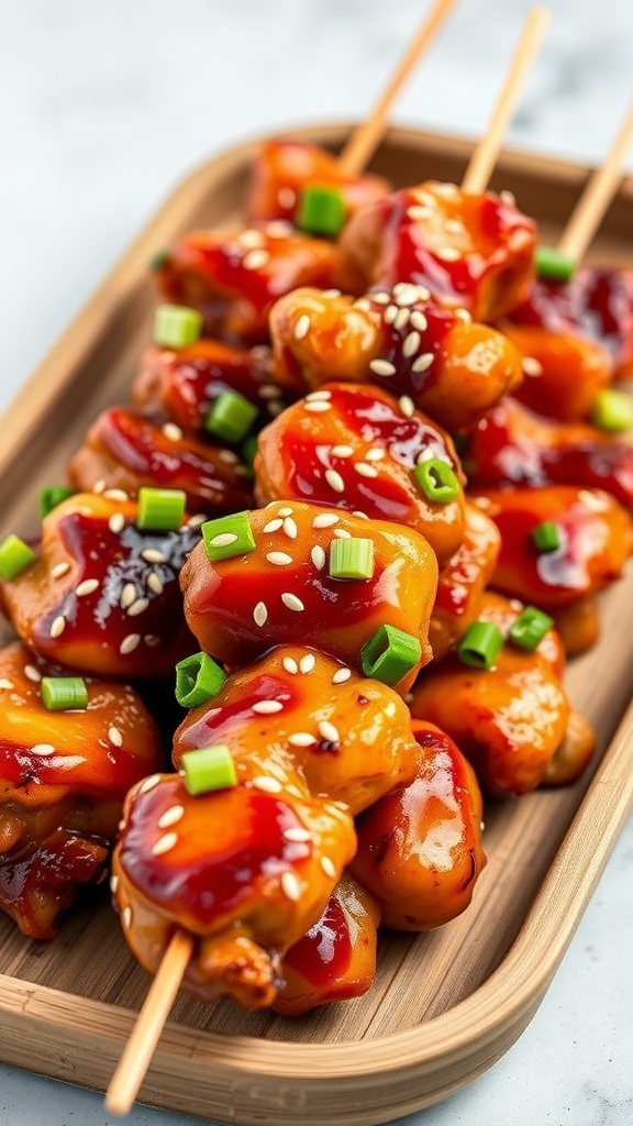 Grilled teriyaki chicken skewers garnished with sesame seeds and green onions