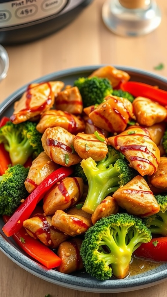 A vibrant plate of teriyaki chicken stir-fry with broccoli and red peppers.