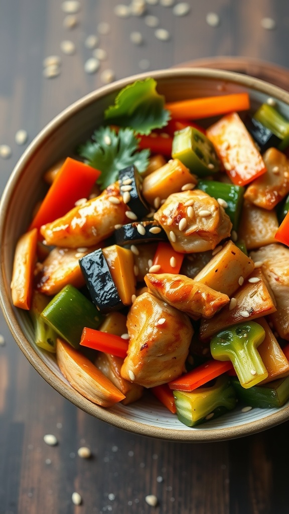 A bowl of Teriyaki Chicken Stir-Fry with colorful vegetables