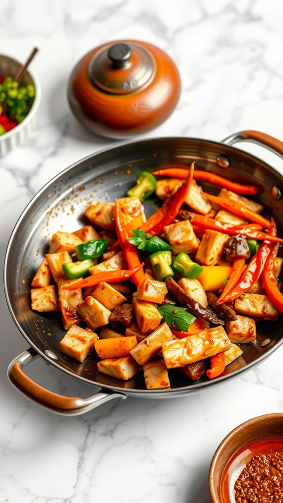 A colorful plate of teriyaki chicken stir-fry with vegetables.