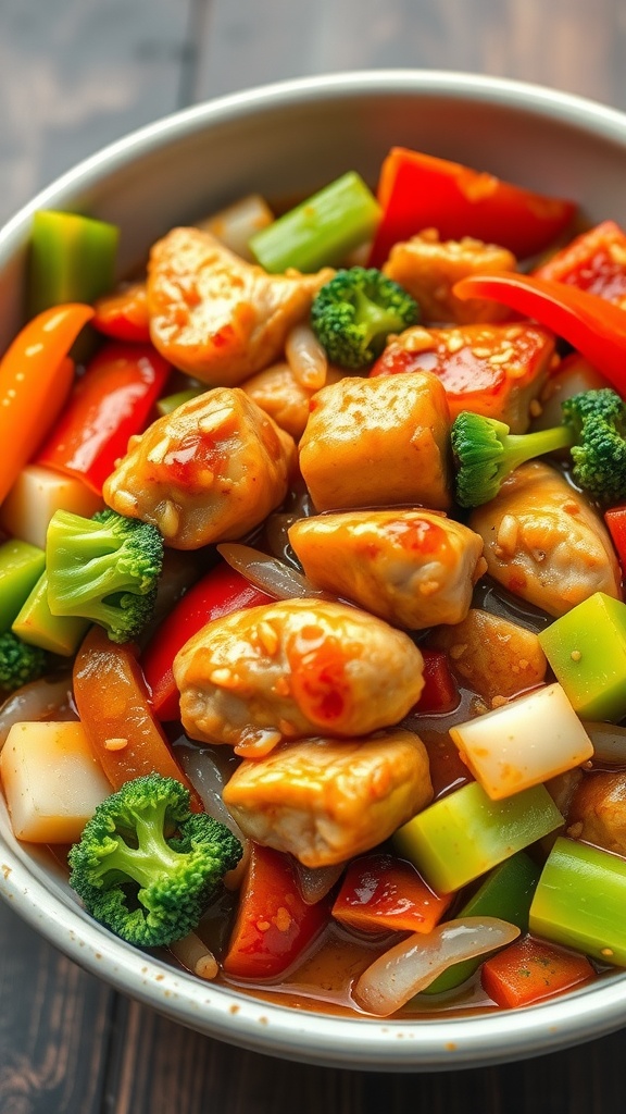 A colorful bowl of Teriyaki Chicken Stir-Fry with vegetables.