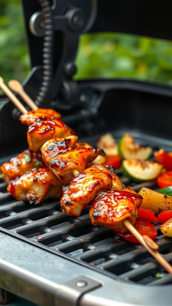 Grilled teriyaki chicken thigh skewers on a grill