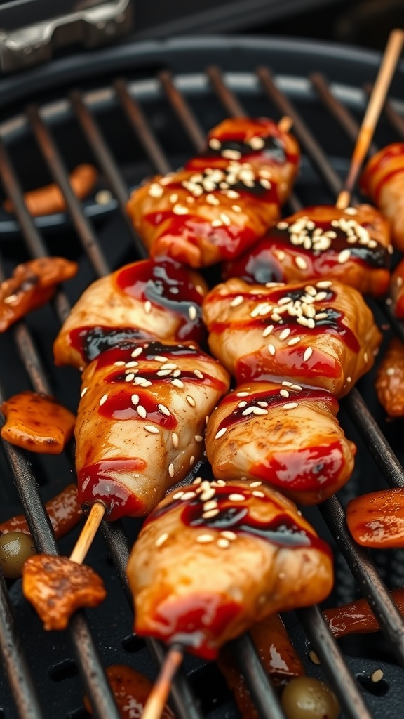 Grilled teriyaki chicken thigh skewers with sesame seeds.