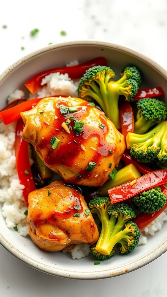 A bowl of Teriyaki Chicken Thigh Stir-Fry with broccoli and red bell peppers.