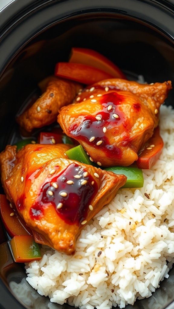 Delicious teriyaki chicken thighs with rice and vegetables