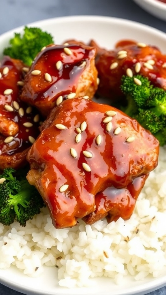 Delicious teriyaki chicken thighs served with rice and broccoli