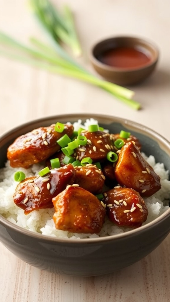 A bowl of teriyaki chicken thighs served over rice, garnished with green onions and sesame seeds.