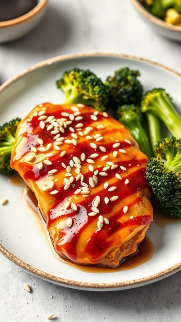 Plate of teriyaki chicken with broccoli and sesame seeds.