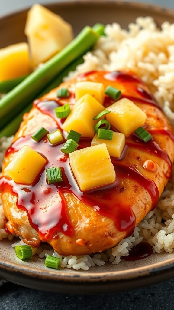 A plate of teriyaki chicken topped with pineapple chunks and served with rice.