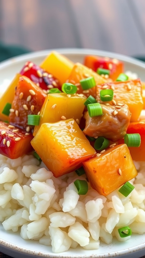 A bowl of Teriyaki chicken with pineapple served over rice.