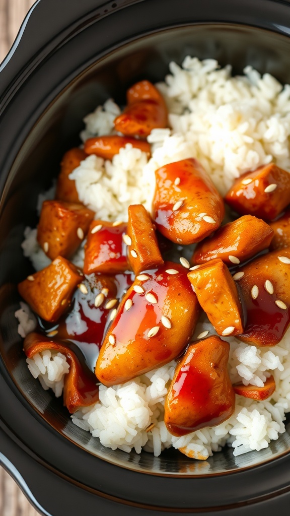 A bowl of teriyaki chicken served over rice, garnished with sesame seeds.