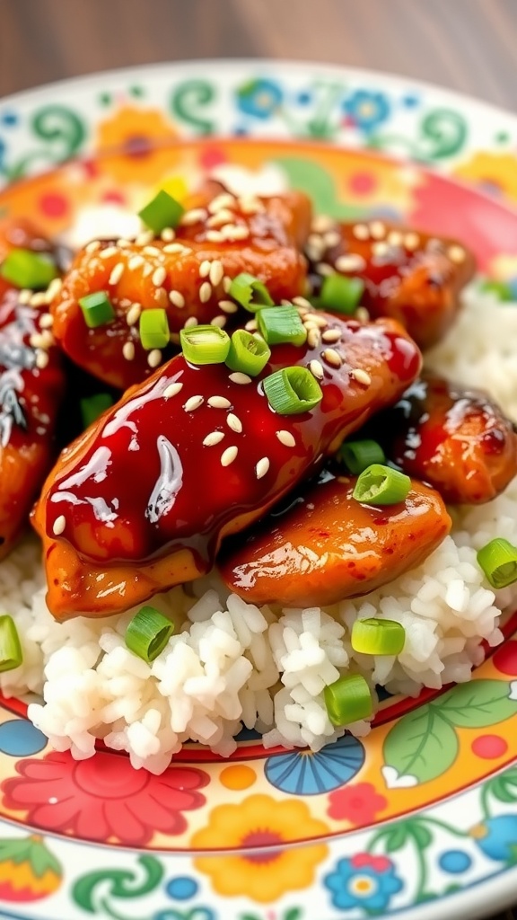 Plate of teriyaki chicken garnished with sesame seeds and green onions, served over rice.