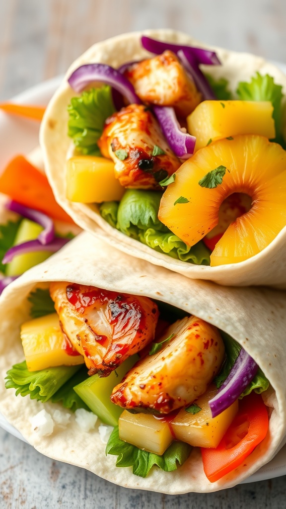 A delicious teriyaki chicken wrap with pineapple and colorful vegetables.