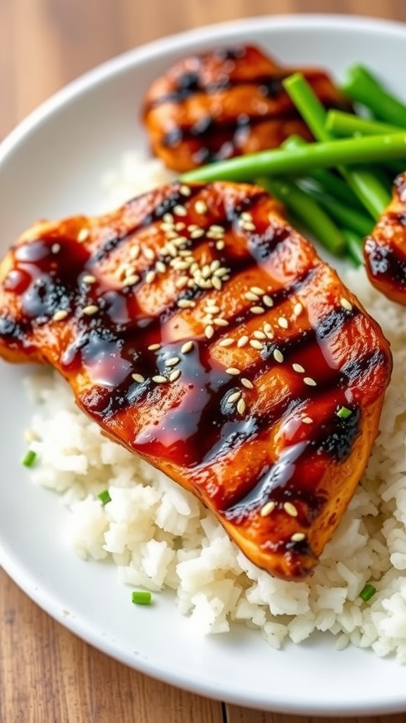 A plate of Teriyaki Ginger Glazed Chicken served over rice with green onions on the side.