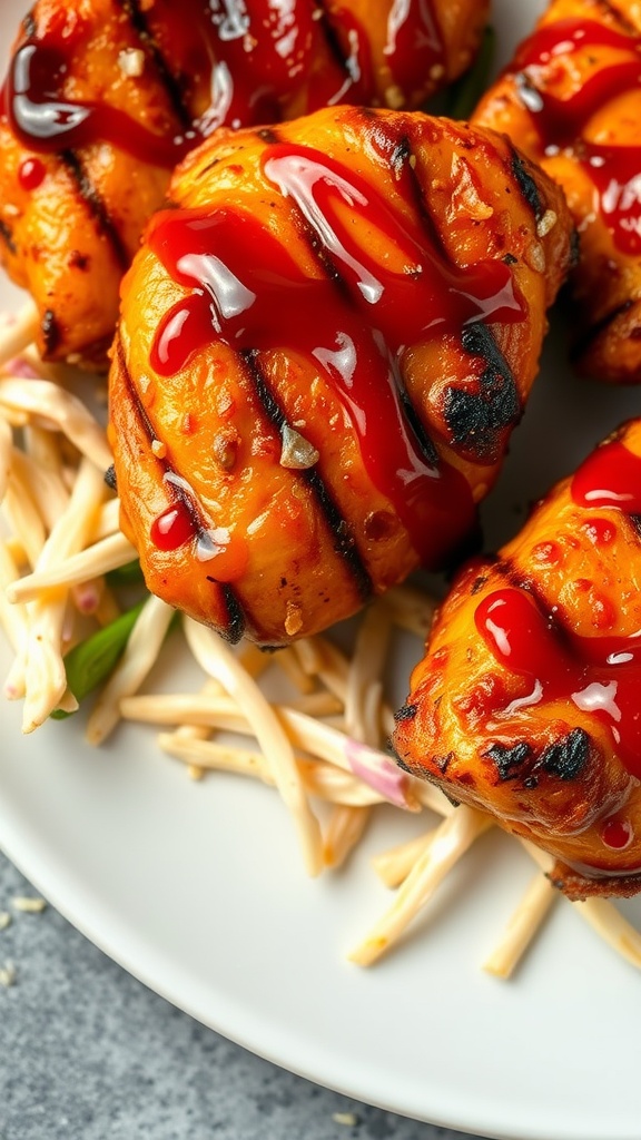 Delicious teriyaki glazed chicken tenders garnished with green onions and sesame seeds.