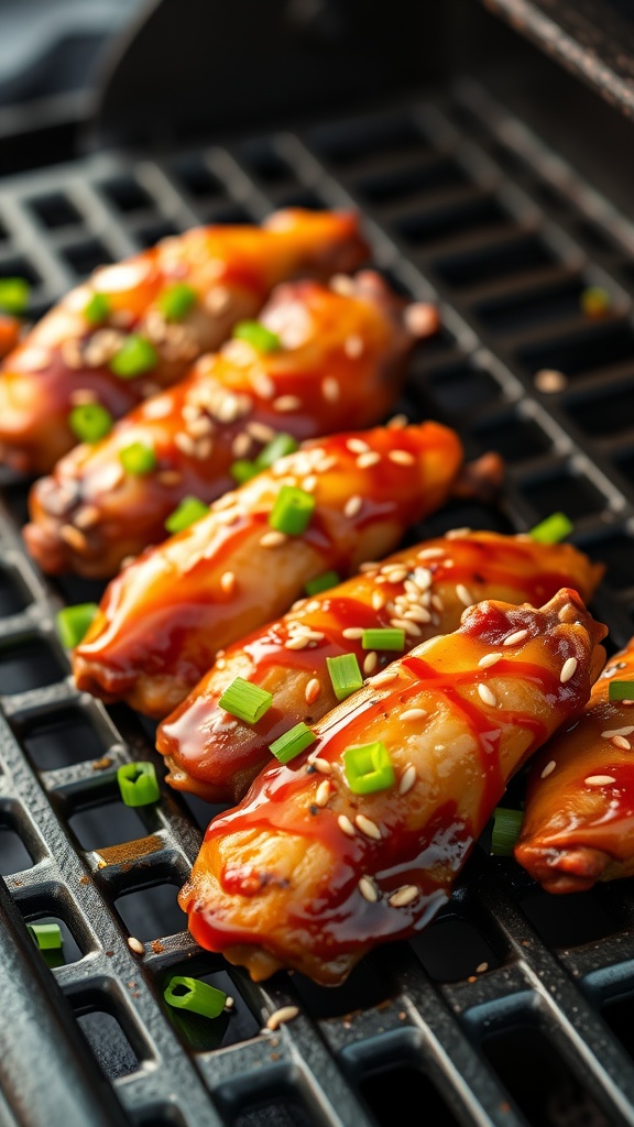Teriyaki glazed chicken wings on a grill