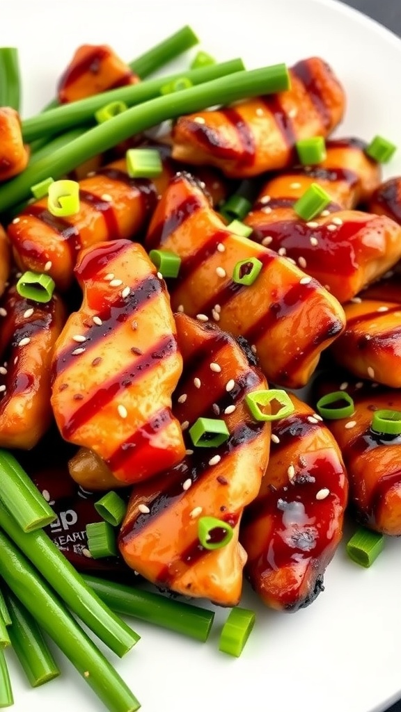Delicious teriyaki glazed grilled chicken strips with green onions.