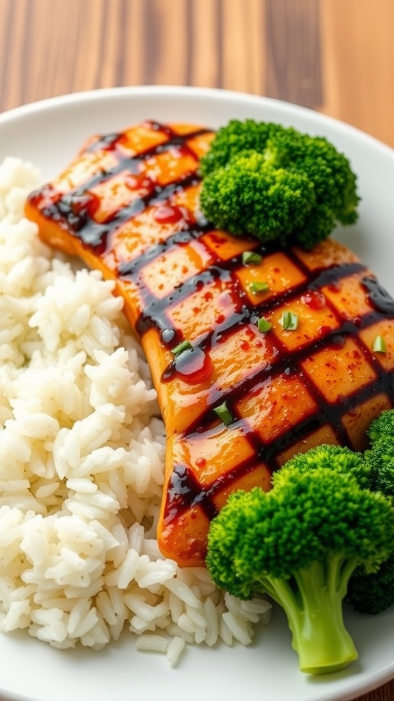 Teriyaki grilled chicken with rice and broccoli