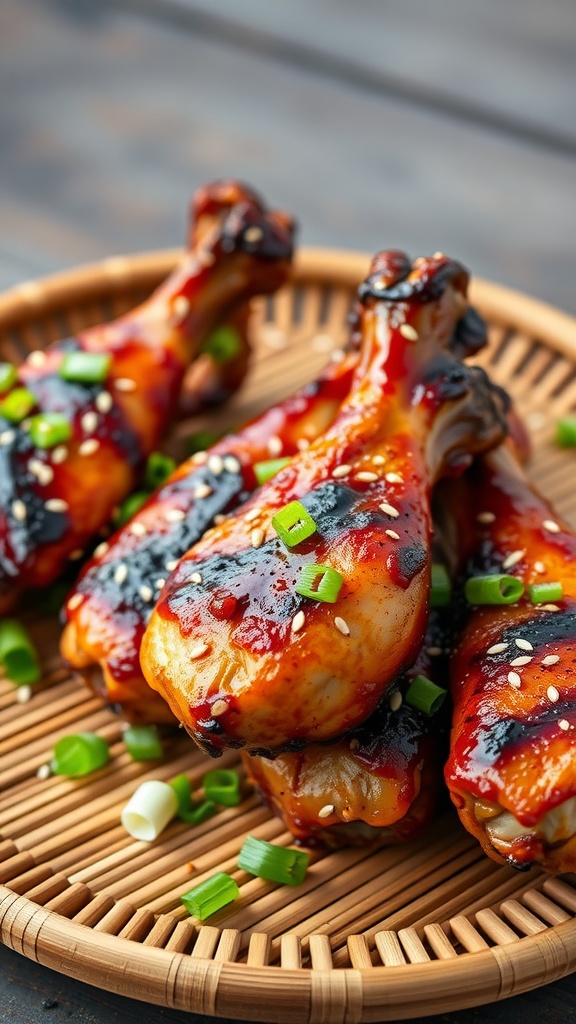 Teriyaki grilled chicken drumsticks garnished with green onions and sesame seeds.