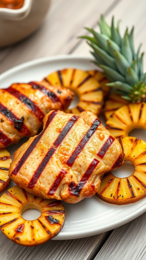 Grilled teriyaki chicken with pineapple rings on a plate.