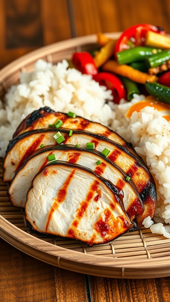Grilled turkey breast with teriyaki sauce served with rice and vegetables.