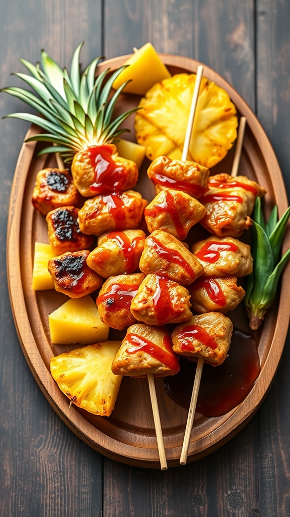 Delicious Teriyaki Pineapple Chicken Skewers on a wooden platter
