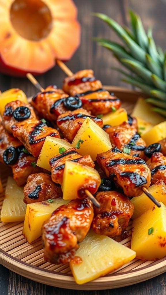 Teriyaki Pineapple Chicken Skewers on a wooden platter with grilled chicken and pineapple chunks
