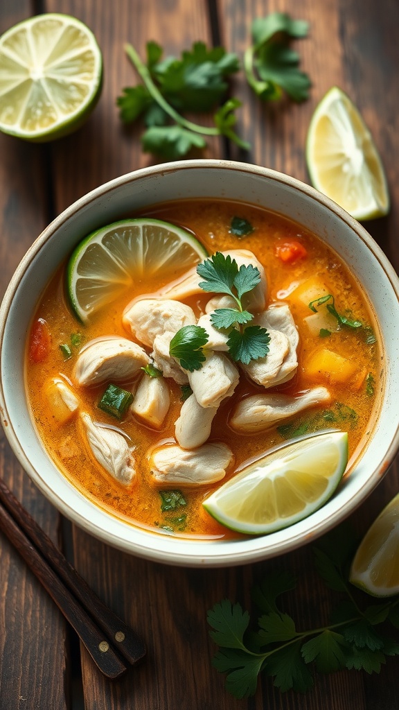 A bowl of Thai Coconut Chicken Soup garnished with cilantro and lime slices.