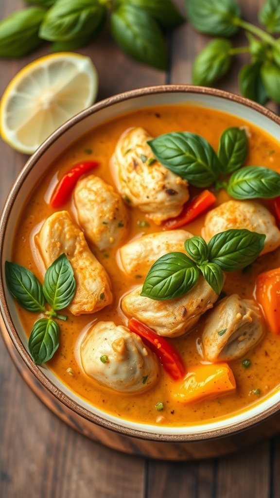 A bowl of Thai Coconut Curry Chicken with colorful vegetables and fresh basil.