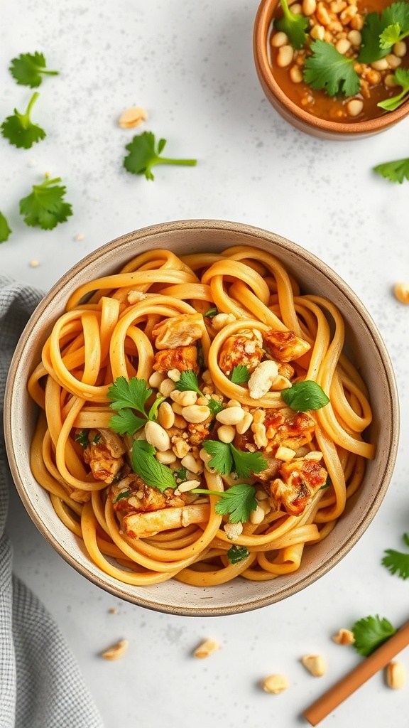 A bowl of Thai peanut chicken pasta topped with peanuts and cilantro.