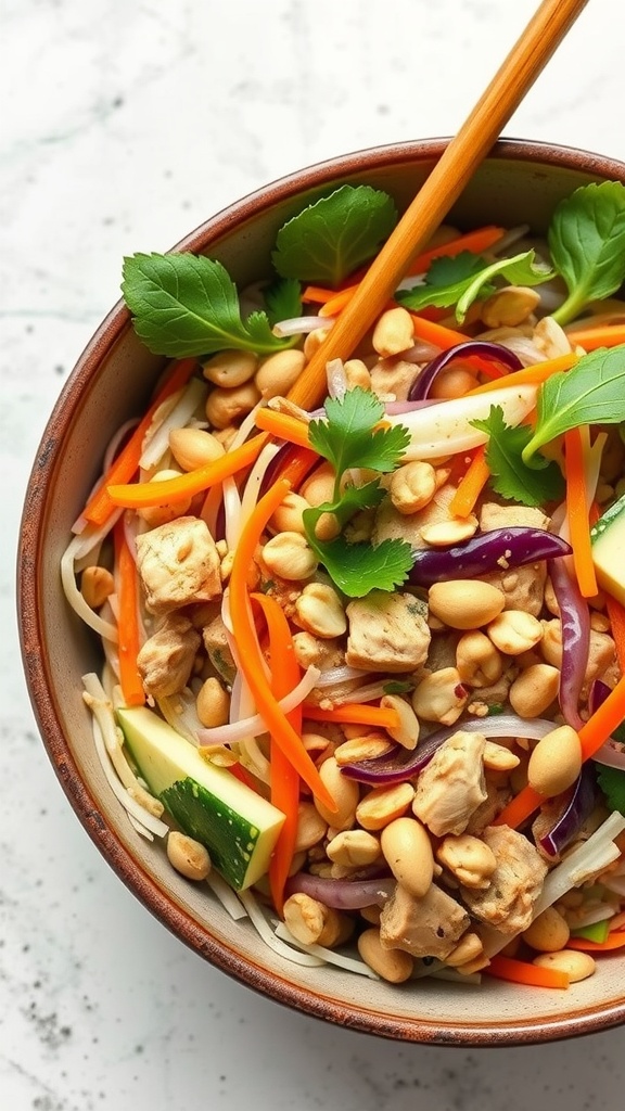 A vibrant bowl of Thai Peanut Chicken Salad with colorful vegetables and peanuts.