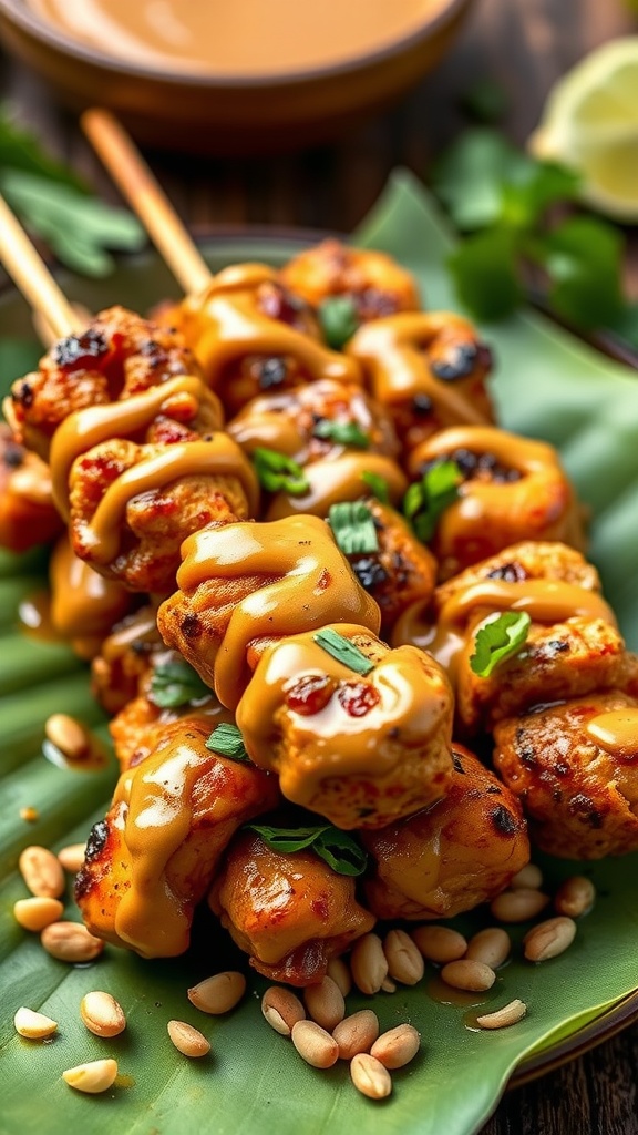 Thai Peanut Chicken Skewers with peanut sauce and garnishes