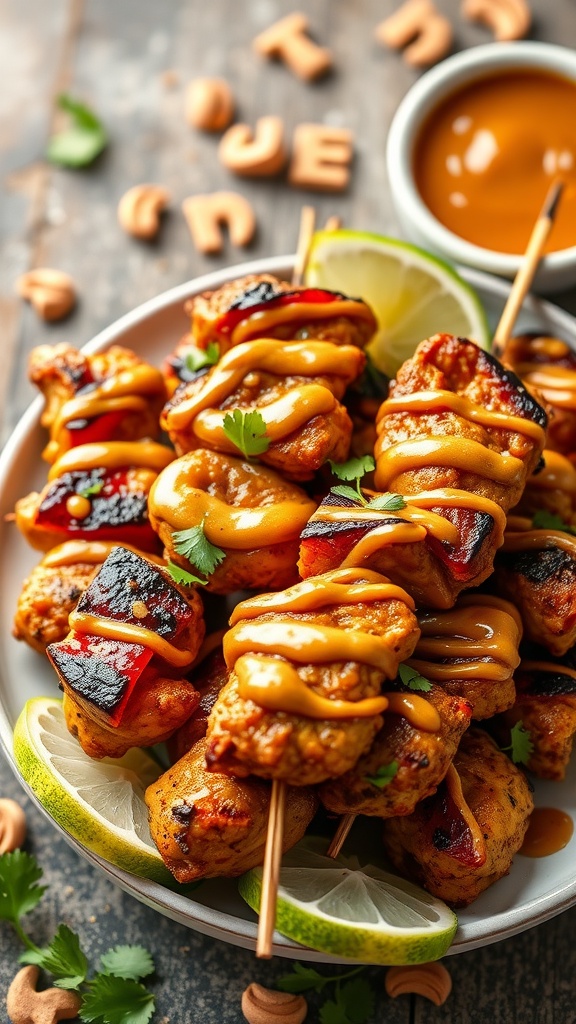 Delicious Thai Peanut Chicken Skewers with peanut sauce and garnished with lime and cilantro.