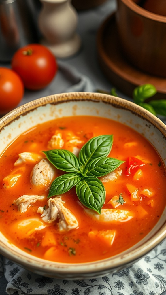 A bowl of tomato basil chicken soup with fresh herbs