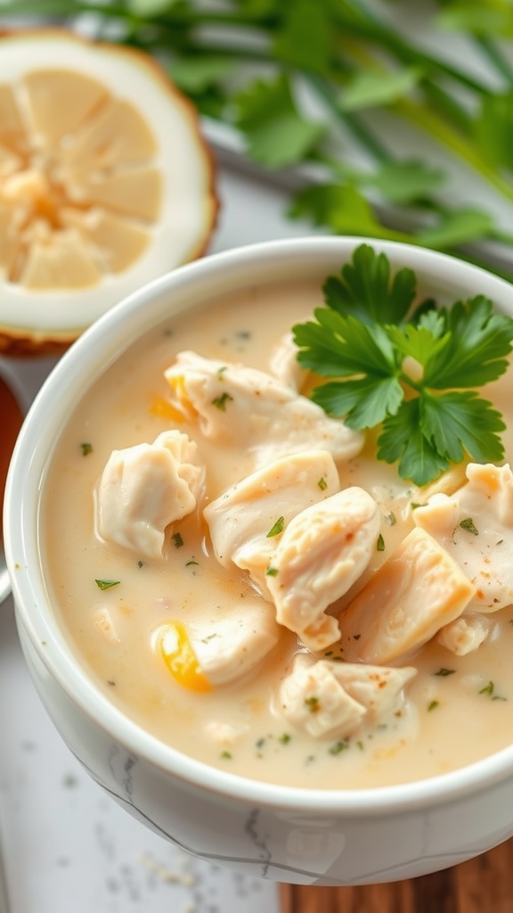 A bowl of Tropical Coconut Chicken Soup garnished with cilantro and lime.