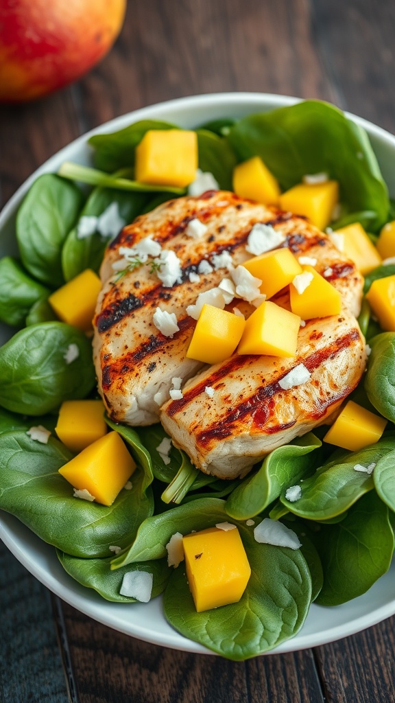 A fresh Tropical Mango Chicken Salad with grilled chicken, mango cubes, and spinach.