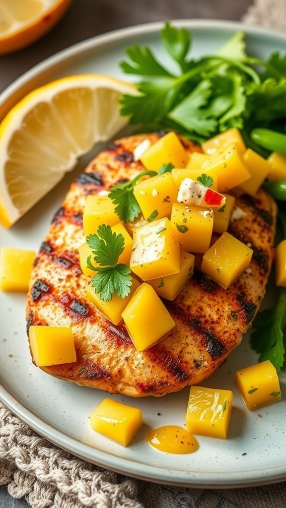 Grilled chicken topped with mango and pineapple salsa