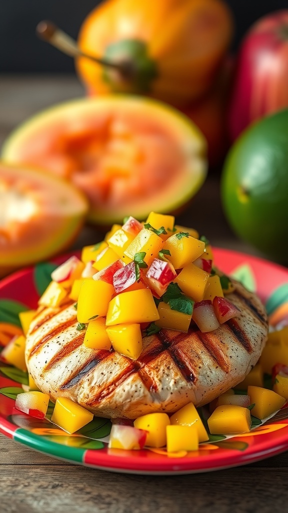 A plate of grilled chicken topped with mango salsa, colorful diced mangoes, red bell pepper, and cilantro.