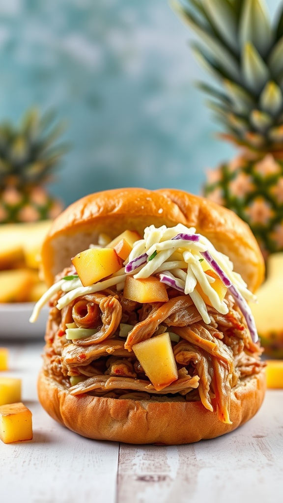 A delicious pulled pork sandwich topped with coleslaw and pineapple.