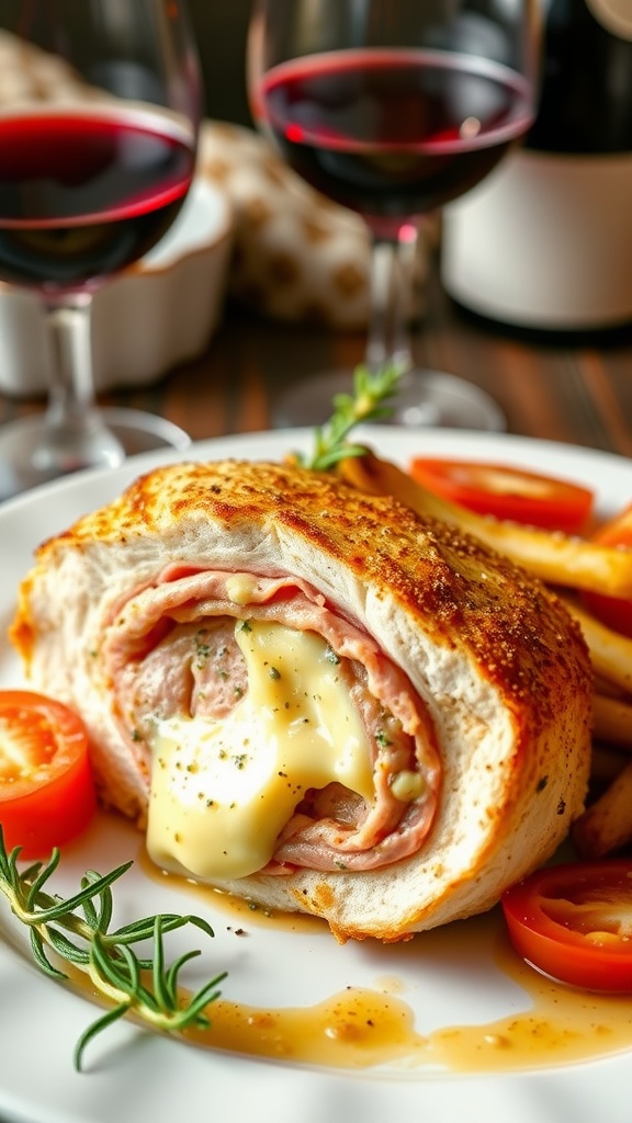 A plated Tuscany-inspired ham and cheese stuffed chicken breast, served with pasta and a glass of red wine.
