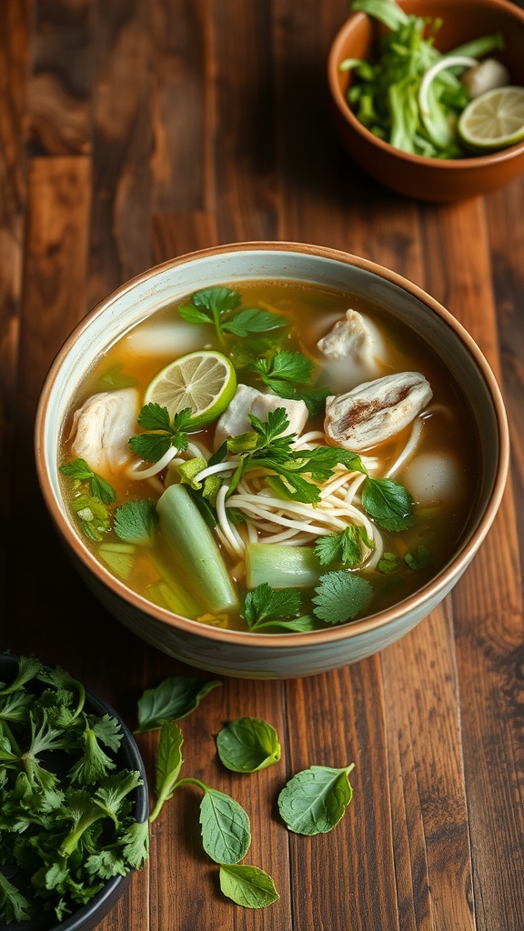 A bowl of Vietnamese Chicken Pho with fresh herbs and lime