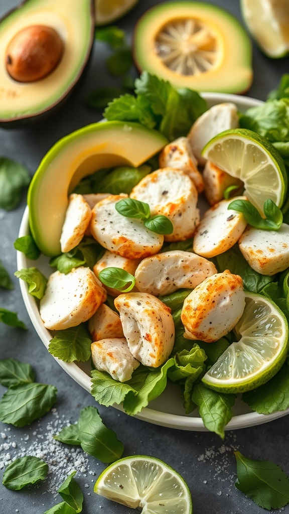 A vibrant bowl of Zesty Avocado Lime Chicken Salad with chicken, avocado, lime, and greens.