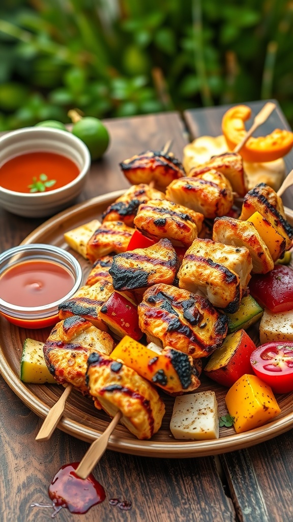 A plate of grilled chicken kabobs with colorful vegetables and BBQ sauce.